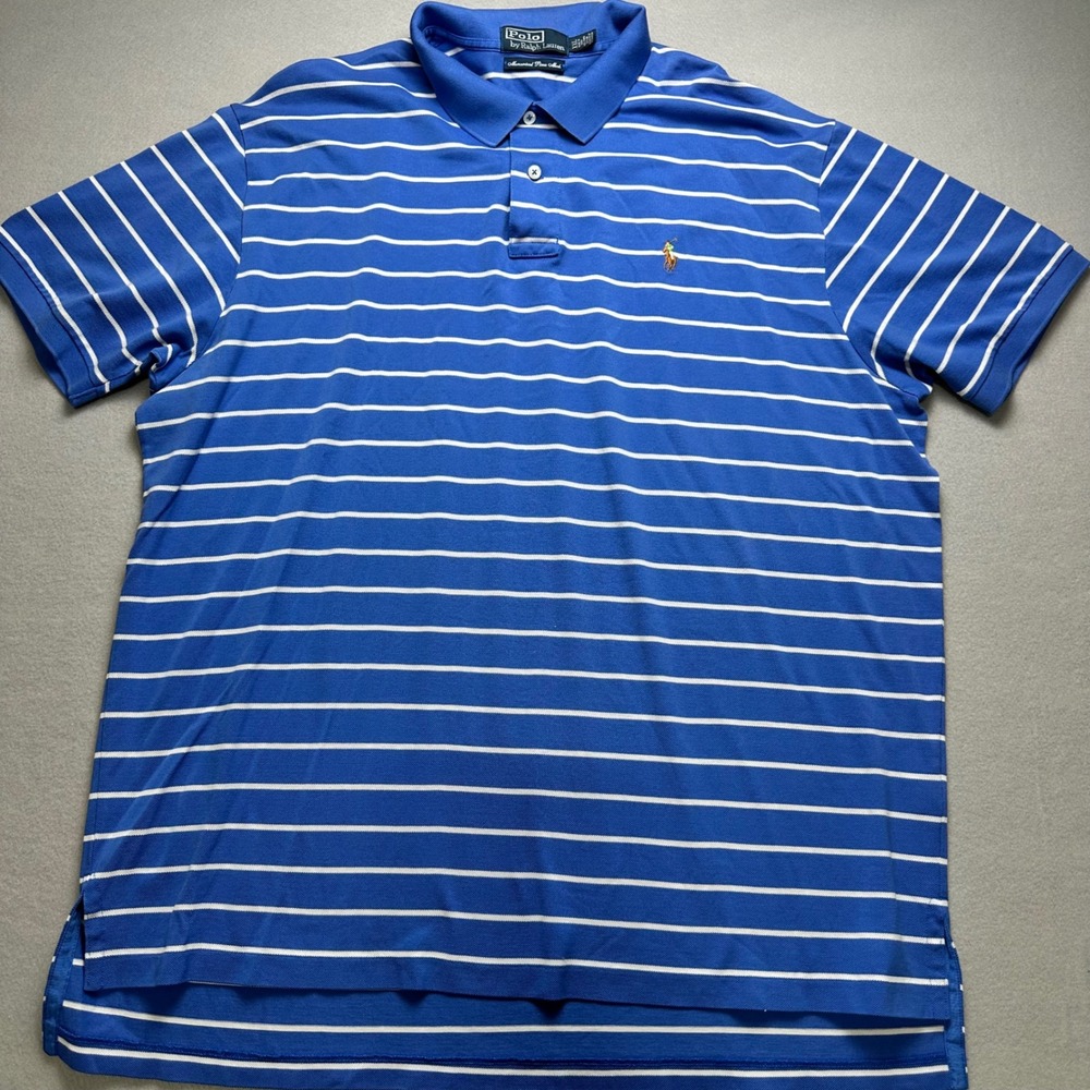 Polo Ralph Lauren Shirt Mens XXL Blue White Striped Mercerized Pima Mesh Polo - Picture 2 of 8